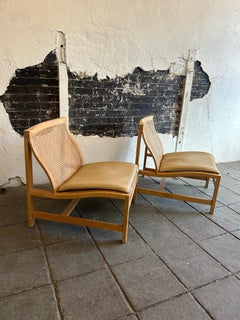 Scandinavian modern Cane Birch Leather lounge chairs Rud Thygesen
