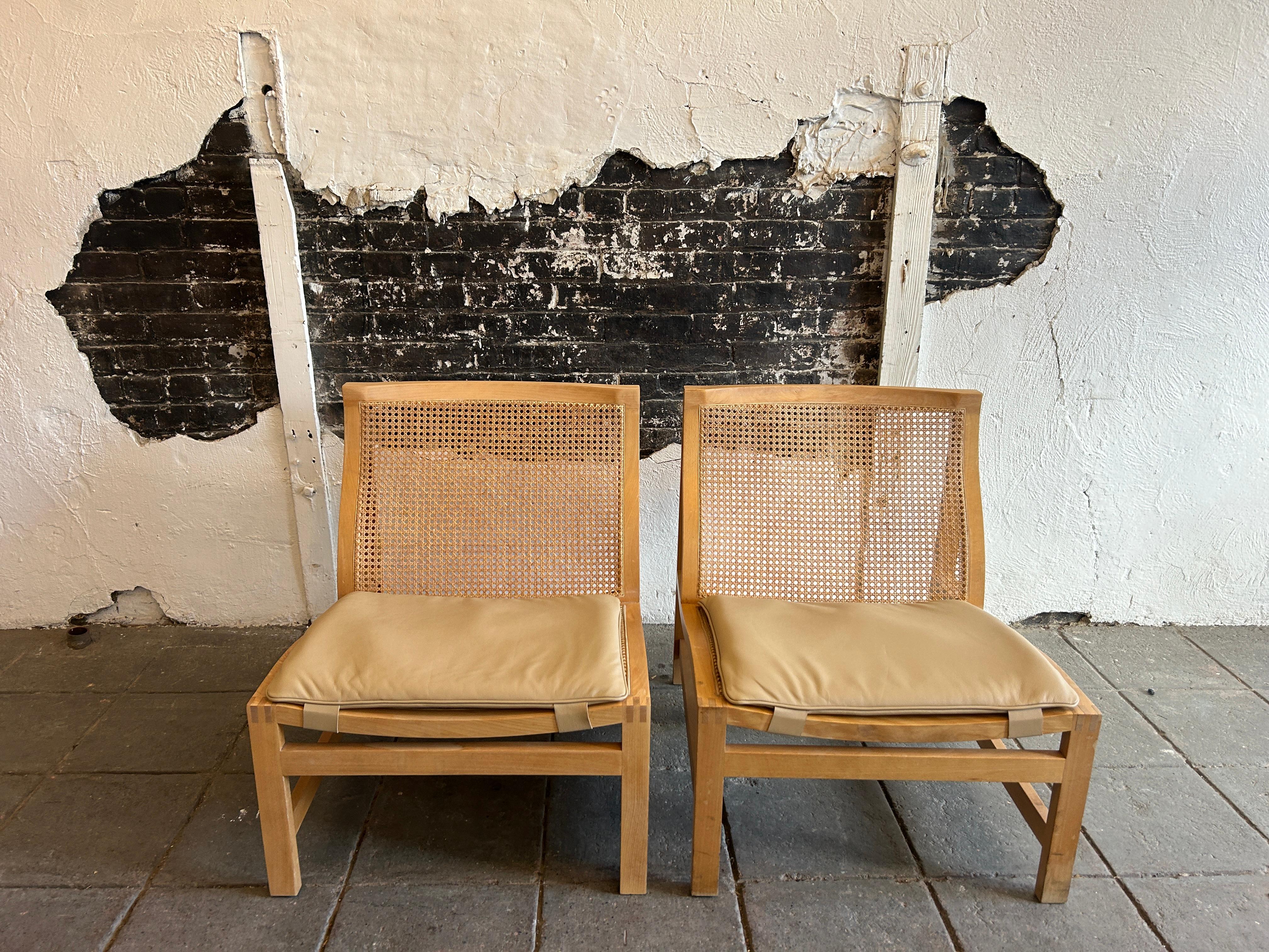 Danish Scandinavian modern Cane Birch Leather lounge chairs Rud Thygesen For Sale