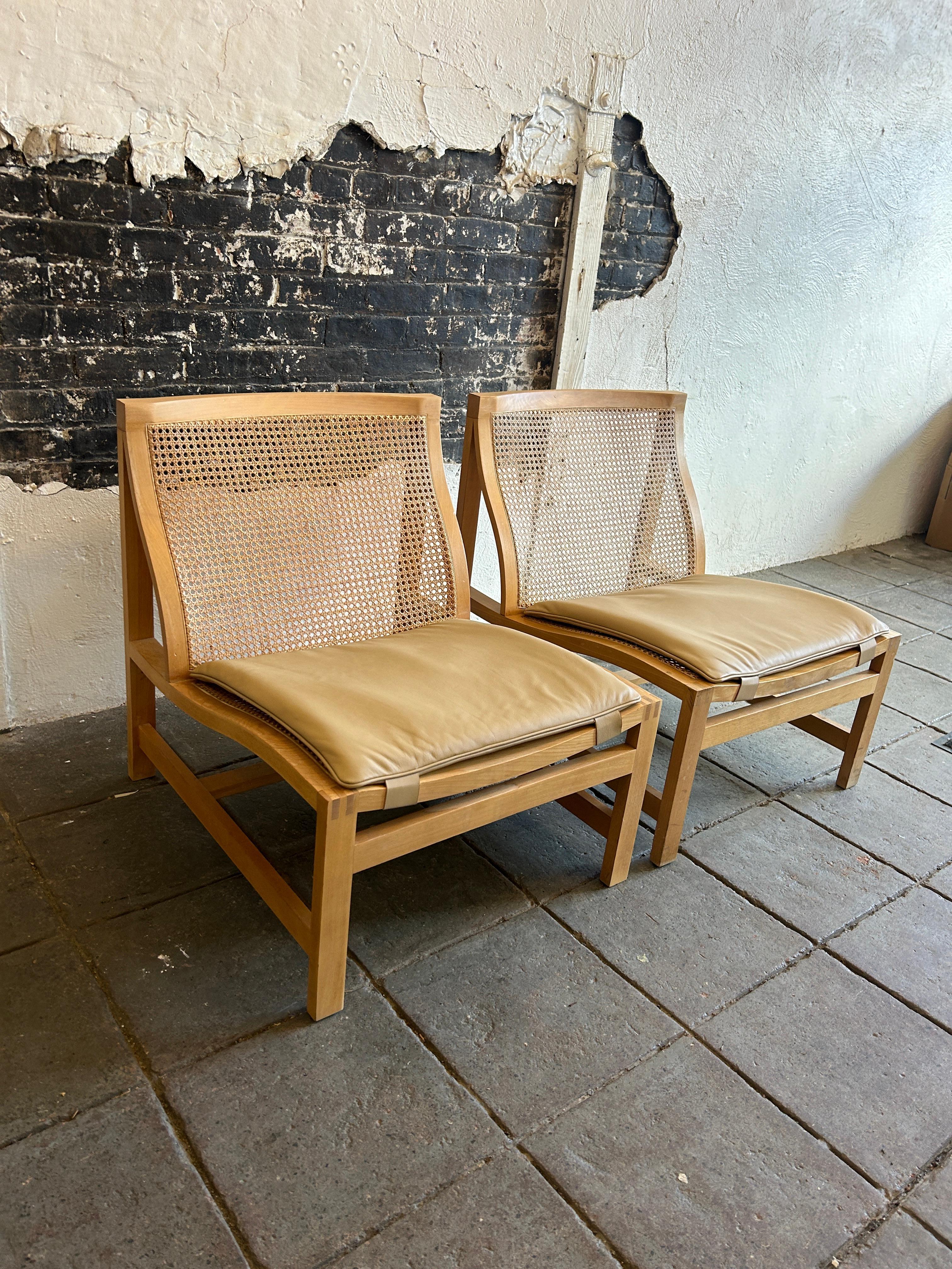 Woodwork Scandinavian modern Cane Birch Leather lounge chairs Rud Thygesen For Sale