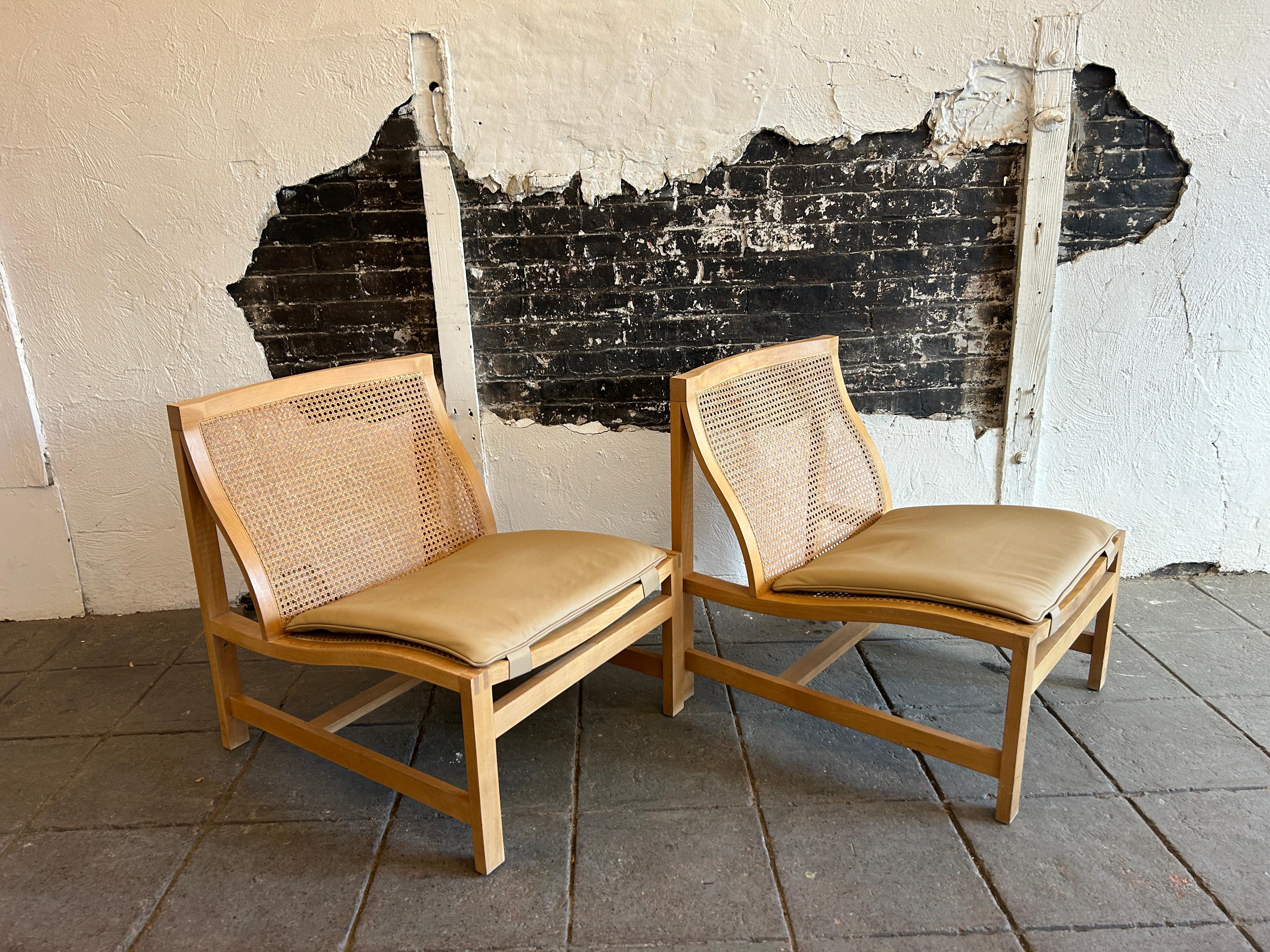 Scandinavian modern Cane Birch Leather lounge chairs Rud Thygesen For Sale