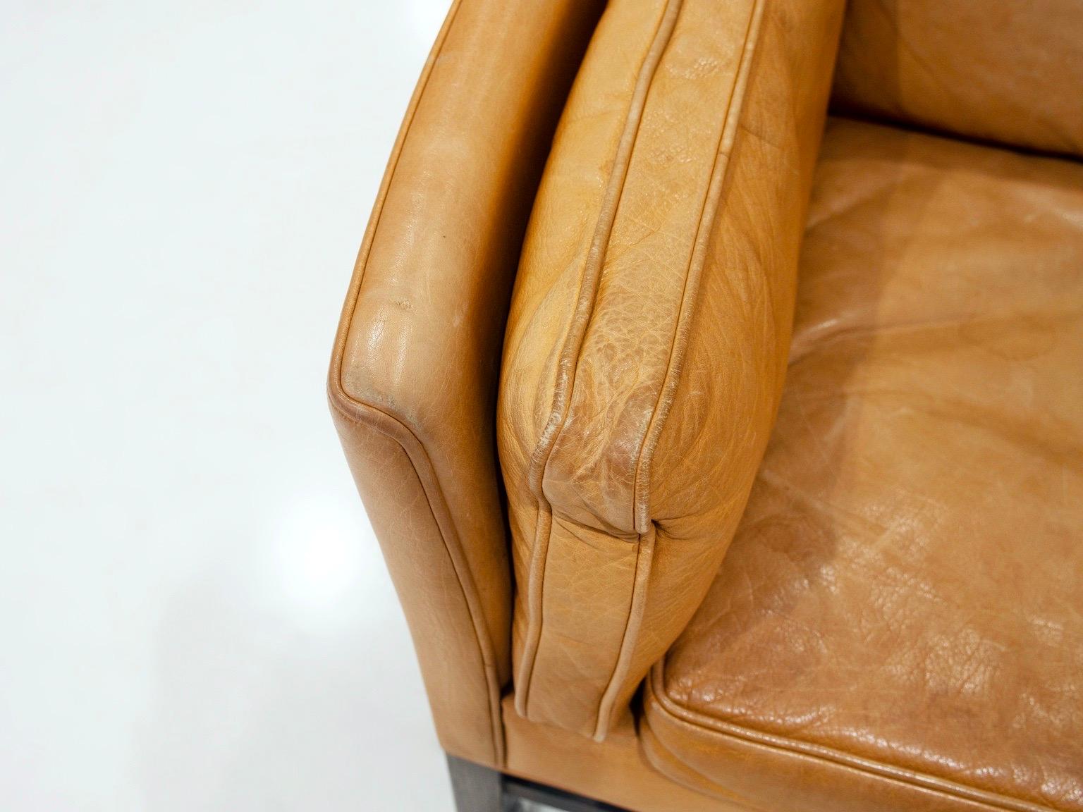 Scandinavian Modern Caramel Brown Leather Two Seat Sofa For Sale 5