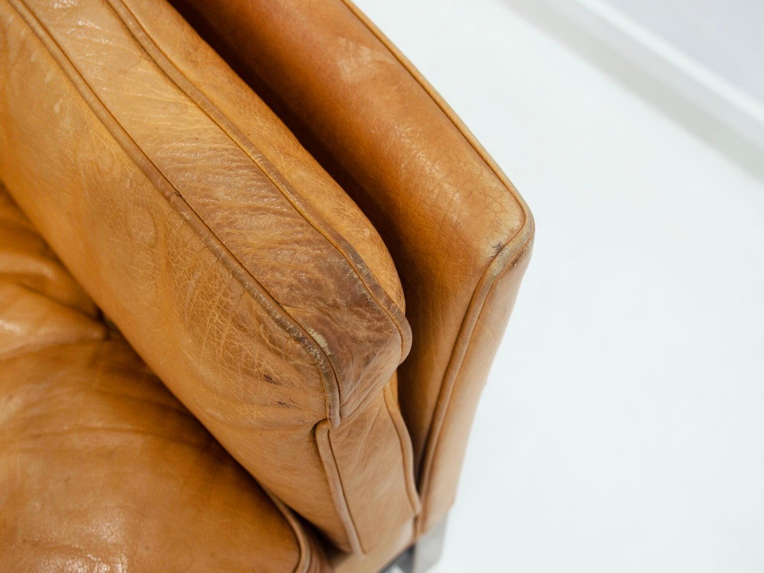 Scandinavian Modern Caramel Brown Leather Two Seat Sofa For Sale 6