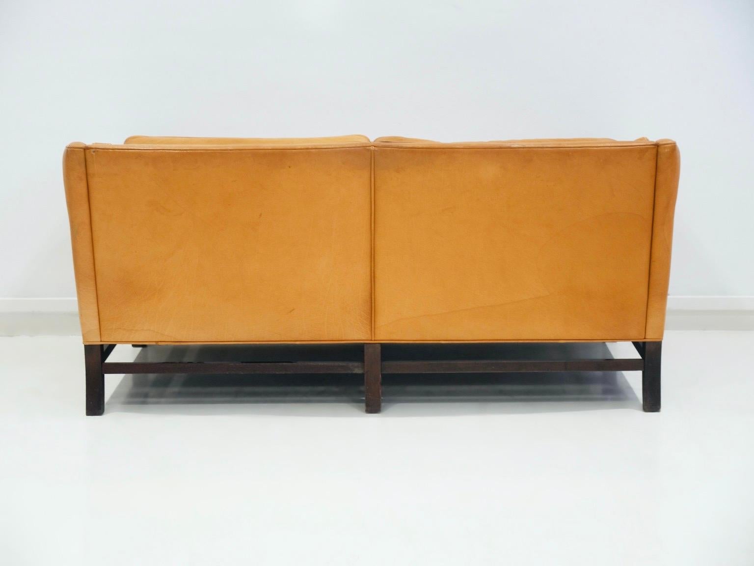 Scandinavian Modern Caramel Brown Leather Two Seat Sofa For Sale 7
