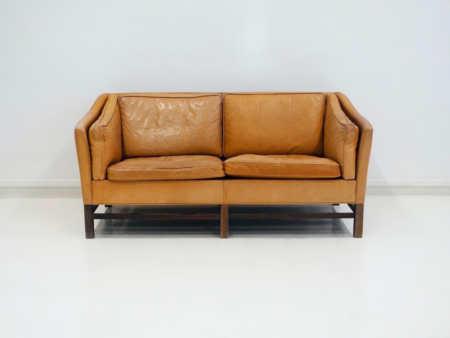 Danish Scandinavian Modern Caramel Brown Leather Two Seat Sofa For Sale