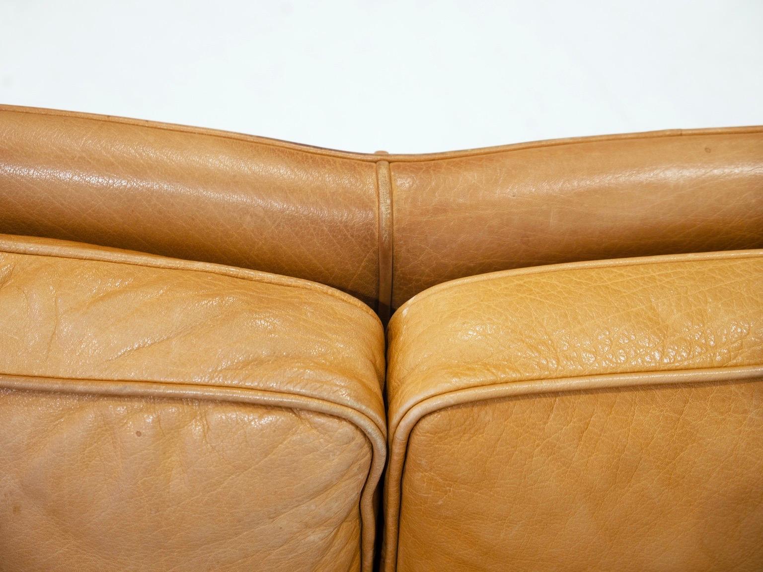 Scandinavian Modern Caramel Brown Leather Two Seat Sofa For Sale 1