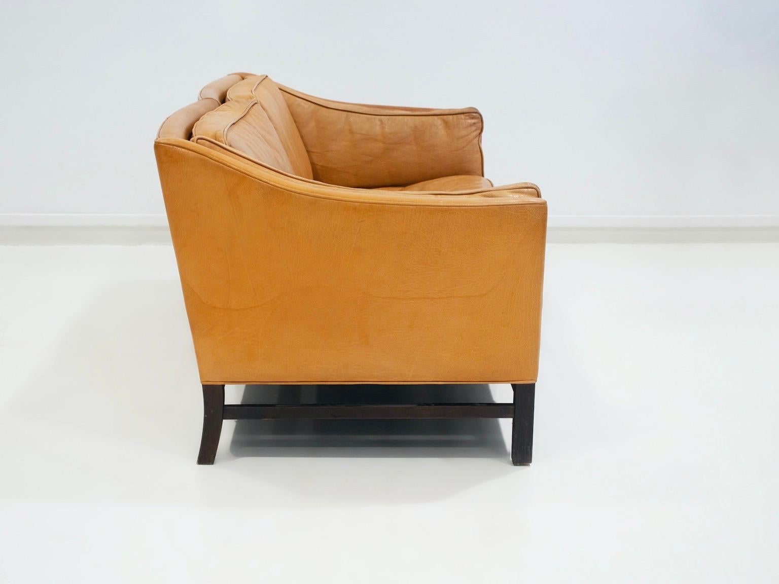 Scandinavian Modern Caramel Brown Leather Two Seat Sofa For Sale 2
