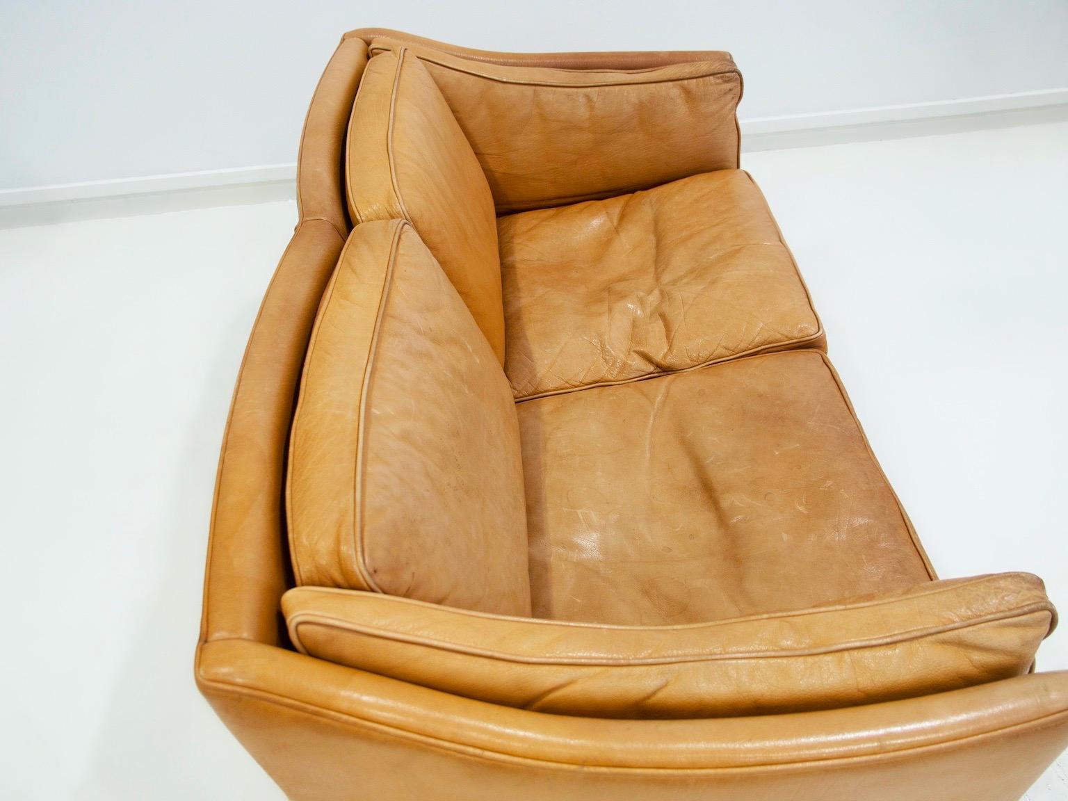 Scandinavian Modern Caramel Brown Leather Two Seat Sofa For Sale 4