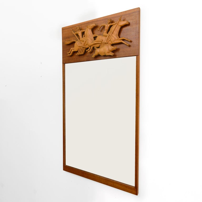 Scandinavian Modern carved Teak Mirror with Hunting Scene For Sale at
