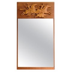 Scandinavian Modern carved Teak Mirror with Hunting Scene
