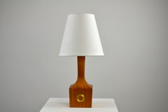 Scandinavian Modern Carved Teak Table Lamp with Circular Brass Details, 1960s