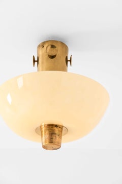 Scandinavian Modern Ceiling Lamp in Brass & Opaline Glass by Paavo Tynell, 1950s