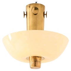 Scandinavian Modern Ceiling Lamp in Brass & Opaline Glass by Paavo Tynell, 1950s