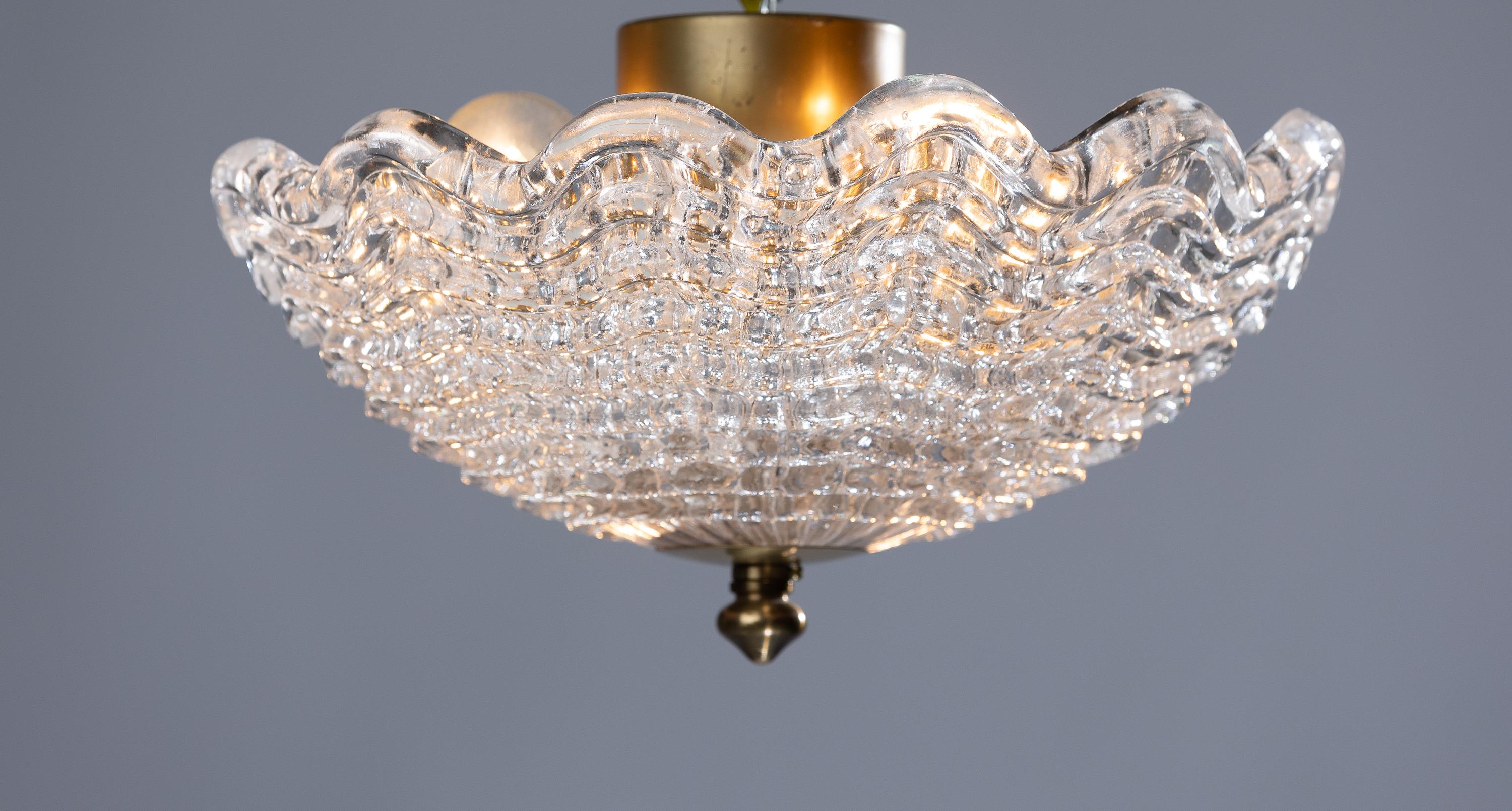 Swedish Scandinavian Modern ceiling lamp in pressed glass and brass from Carl Fagerlund For Sale