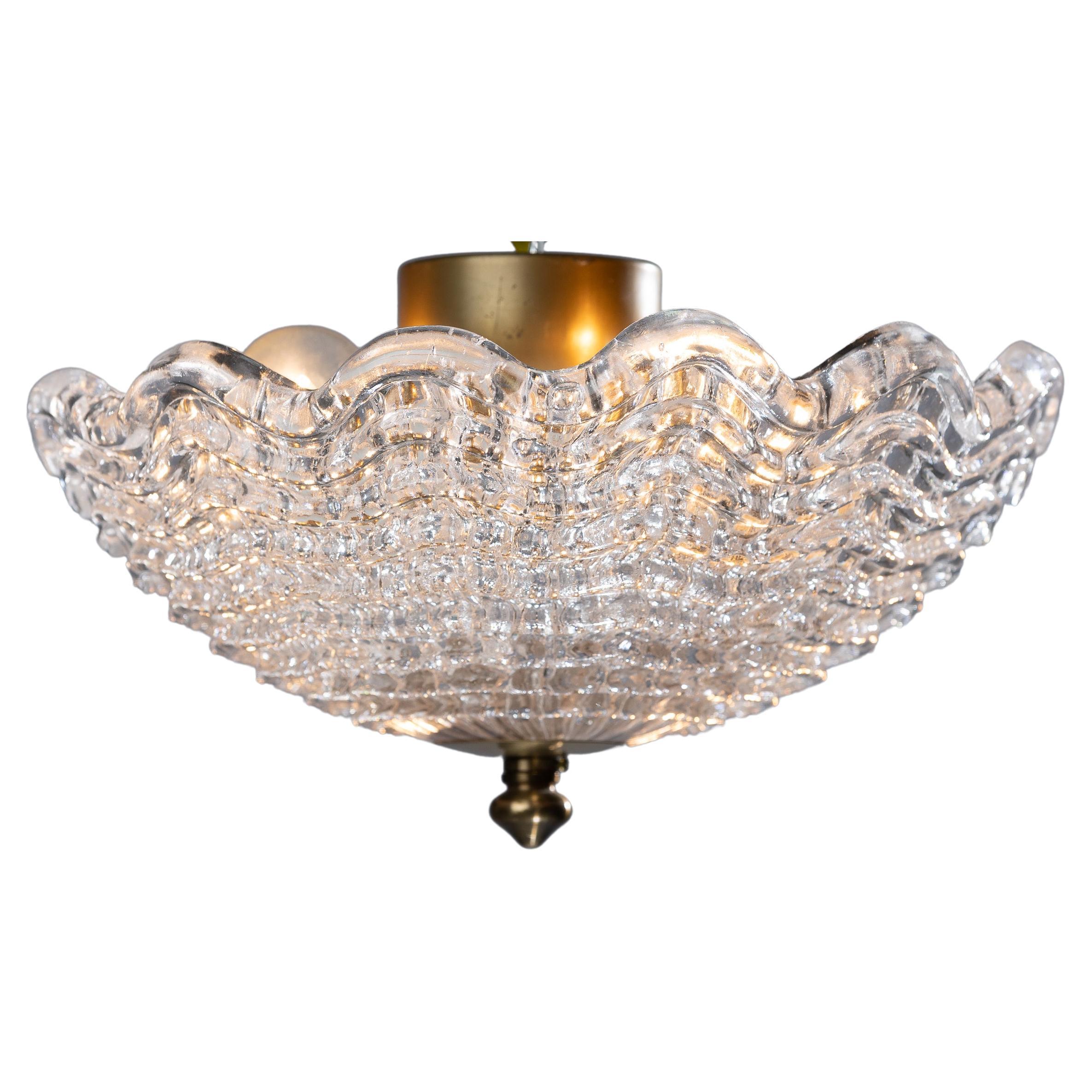 Scandinavian Modern ceiling lamp in pressed glass and brass from Carl Fagerlund For Sale