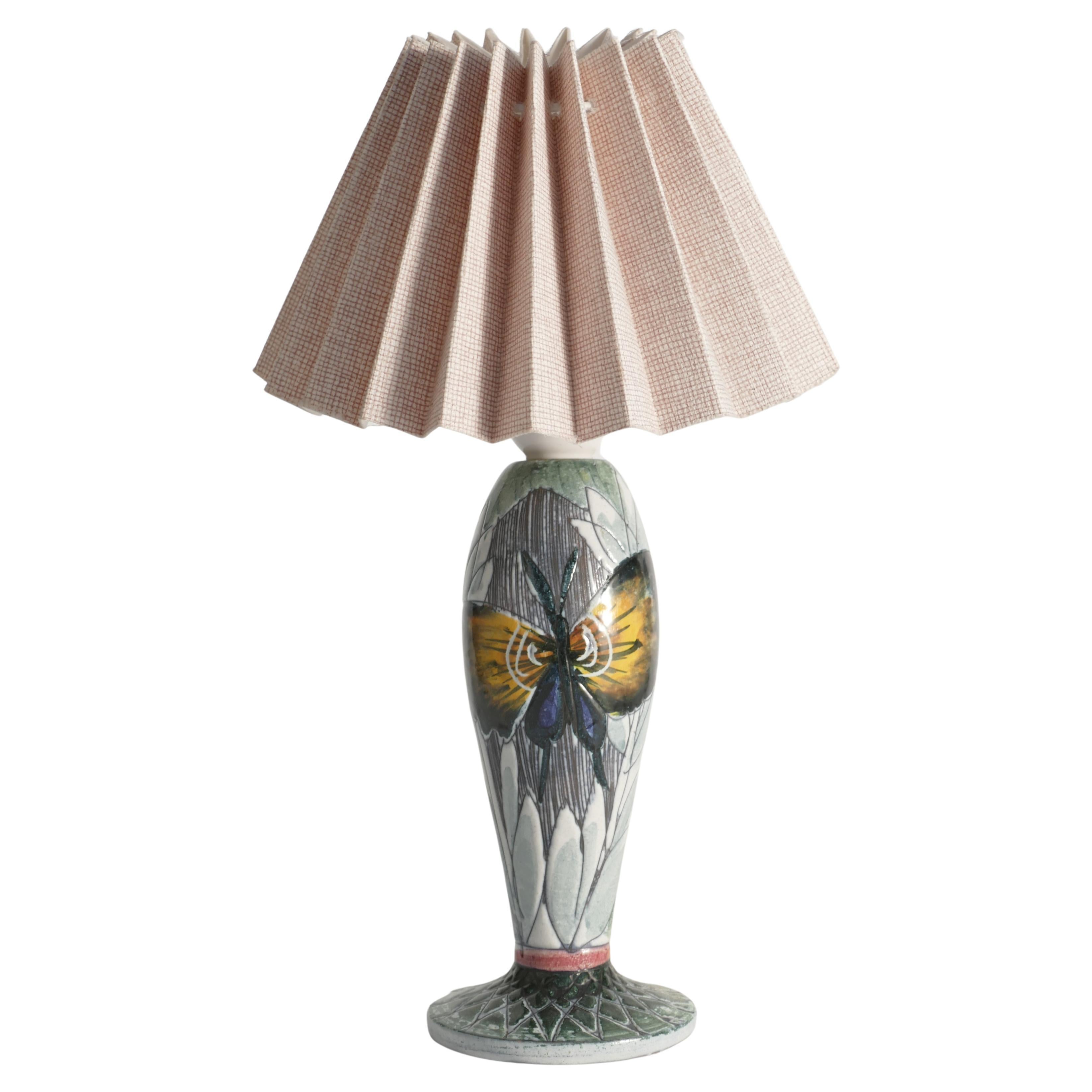 Skandinavische moderne Keramik-Tischlampe mit Schmetterlingsmotiv von Tilgmans, Schweden 1960