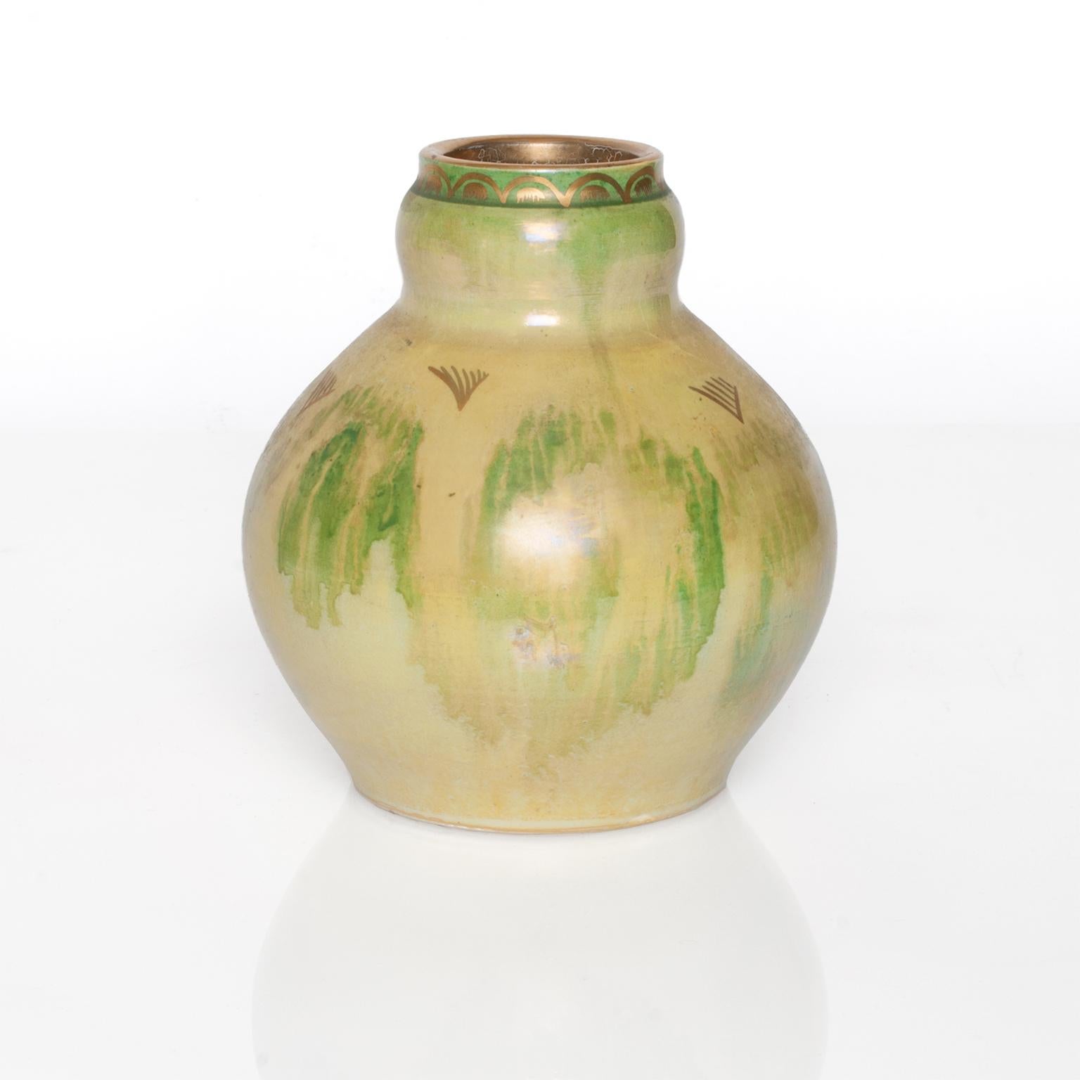 Art Deco Scandinavian Modern Ceramic Vase in Yellow, Green, Gold by Josef Ekberg For Sale