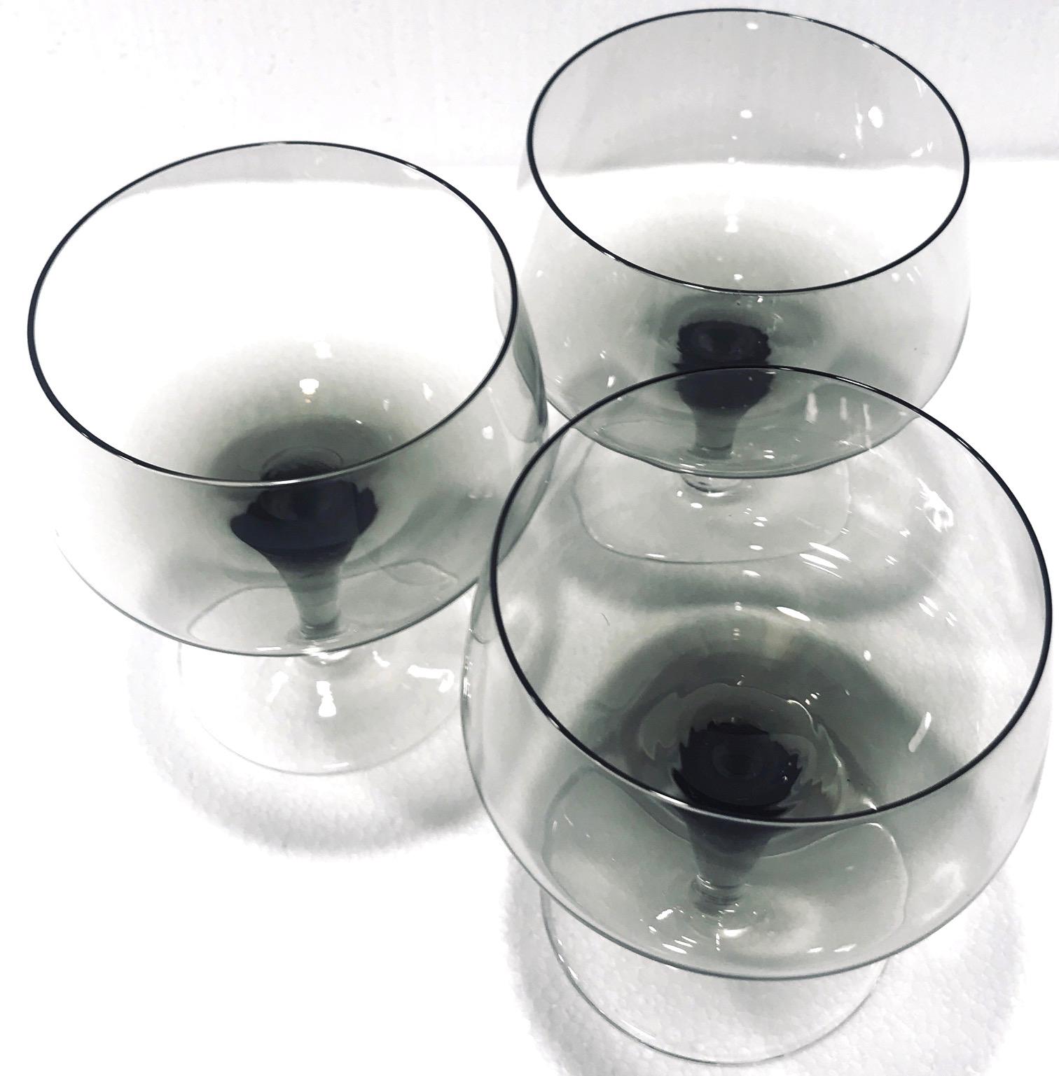 Crystal Scandinavian Modern Champagne Glasses in Smoked Grey, Set of Seven, circa 1960s