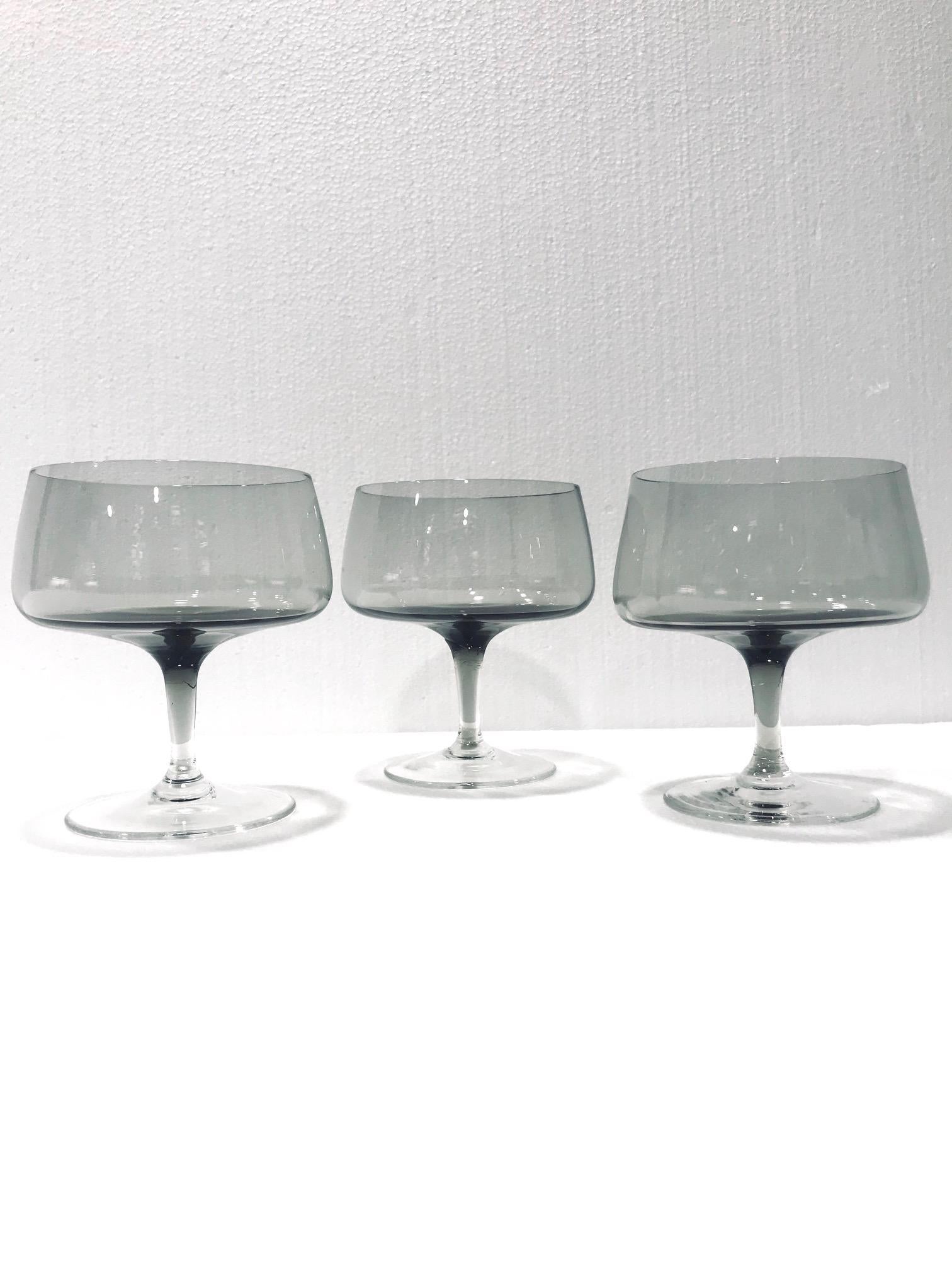 Hand-Crafted Scandinavian Modern Champagne Glasses in Smoked Grey, Set of Seven, circa 1960s