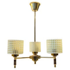 Scandinavian Modern Chandelier in Brass & Waffle Glass, 1960s