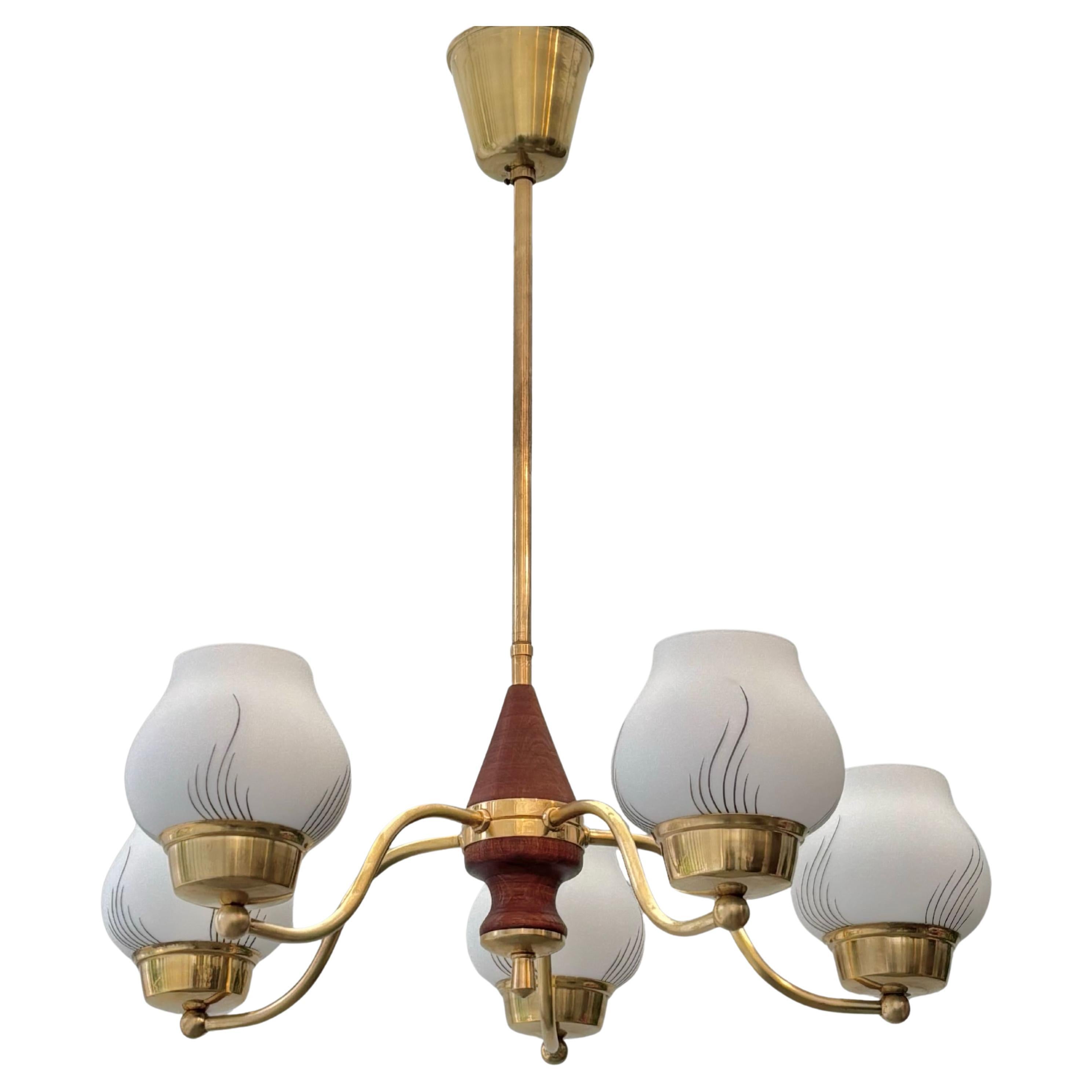 Scandinavian modern chandelier with five arms, brass and glass, Sweden, 1940s