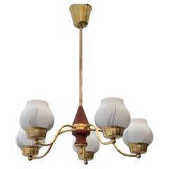 Scandinavian modern chandelier with five arms, brass and glass, Sweden, 1940s