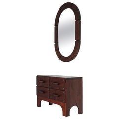 Coffre et miroir moderne scandinave en pin teinté foncé, brutalisme, Suède, années 1970