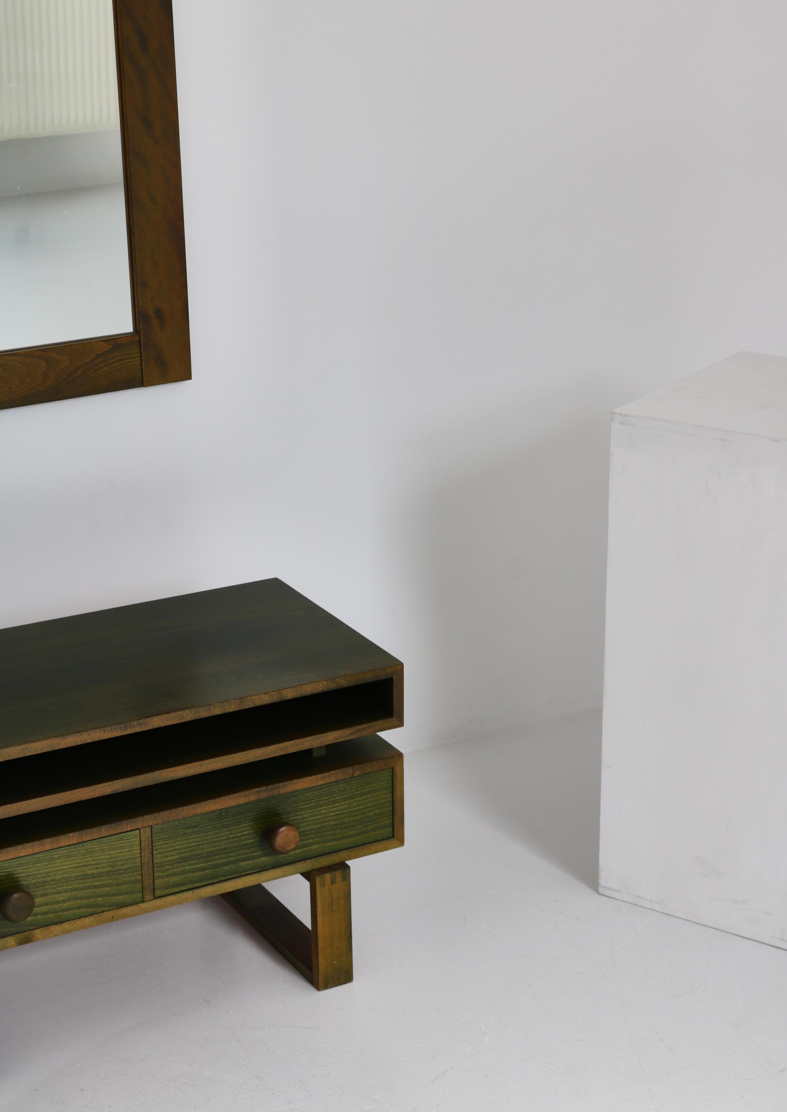 Swedish Scandinavian Modern Chest & Mirror in Green Stained Pinewood, Denmark, 1970s For Sale