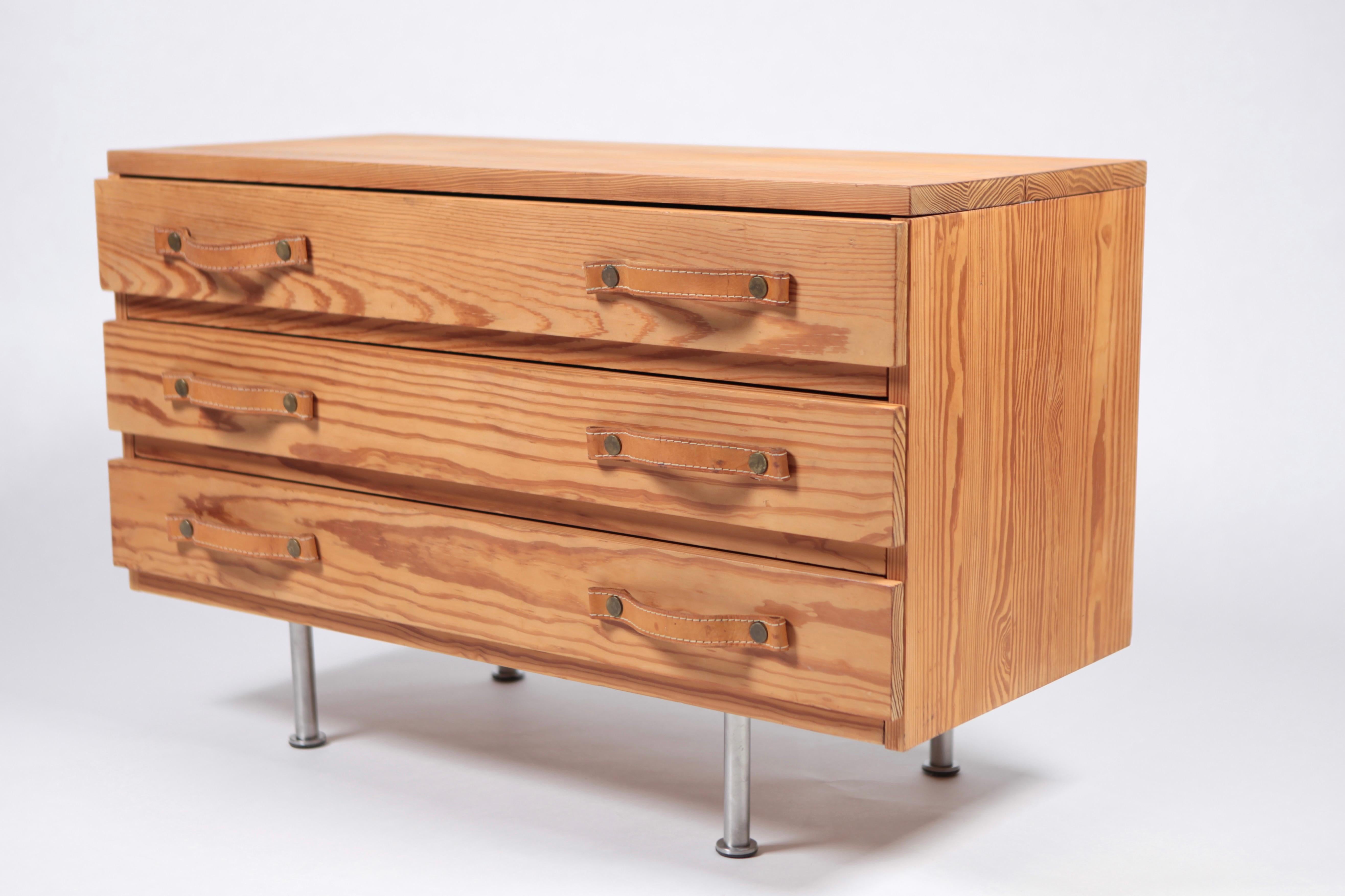 Late 20th Century Scandinavian Modern Chest of Drawers, Pine & Leather, Sweden, 1970s