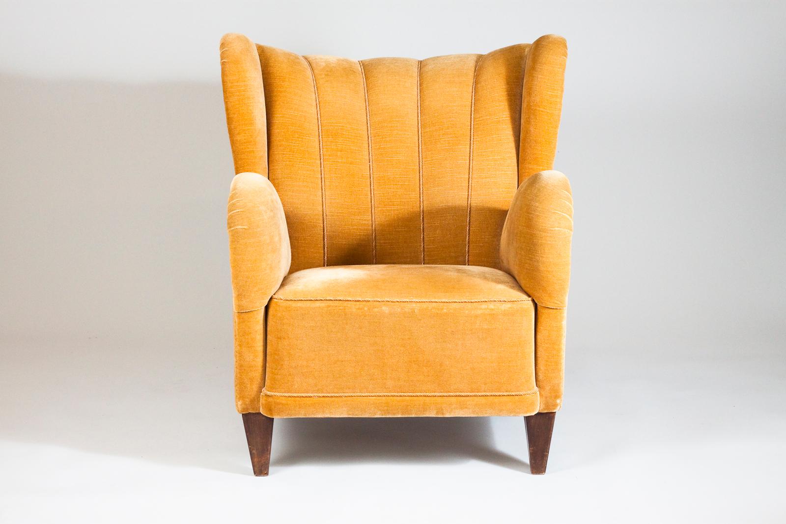 Mid-20th Century Scandinavian Modern Club Chair in Mustard Yellow Velvet For Sale