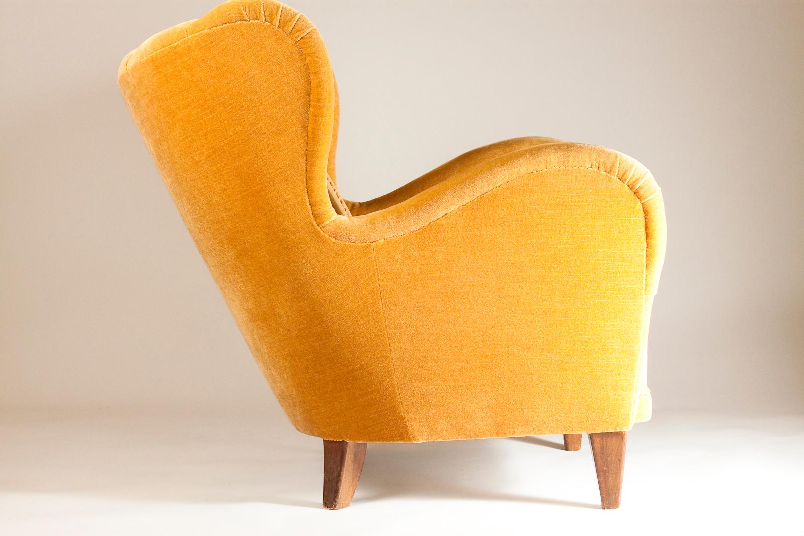 Upholstery Scandinavian Modern Club Chair in Mustard Yellow Velvet For Sale
