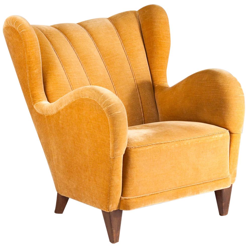 Scandinavian Modern Club Chair in Mustard Yellow Velvet For Sale