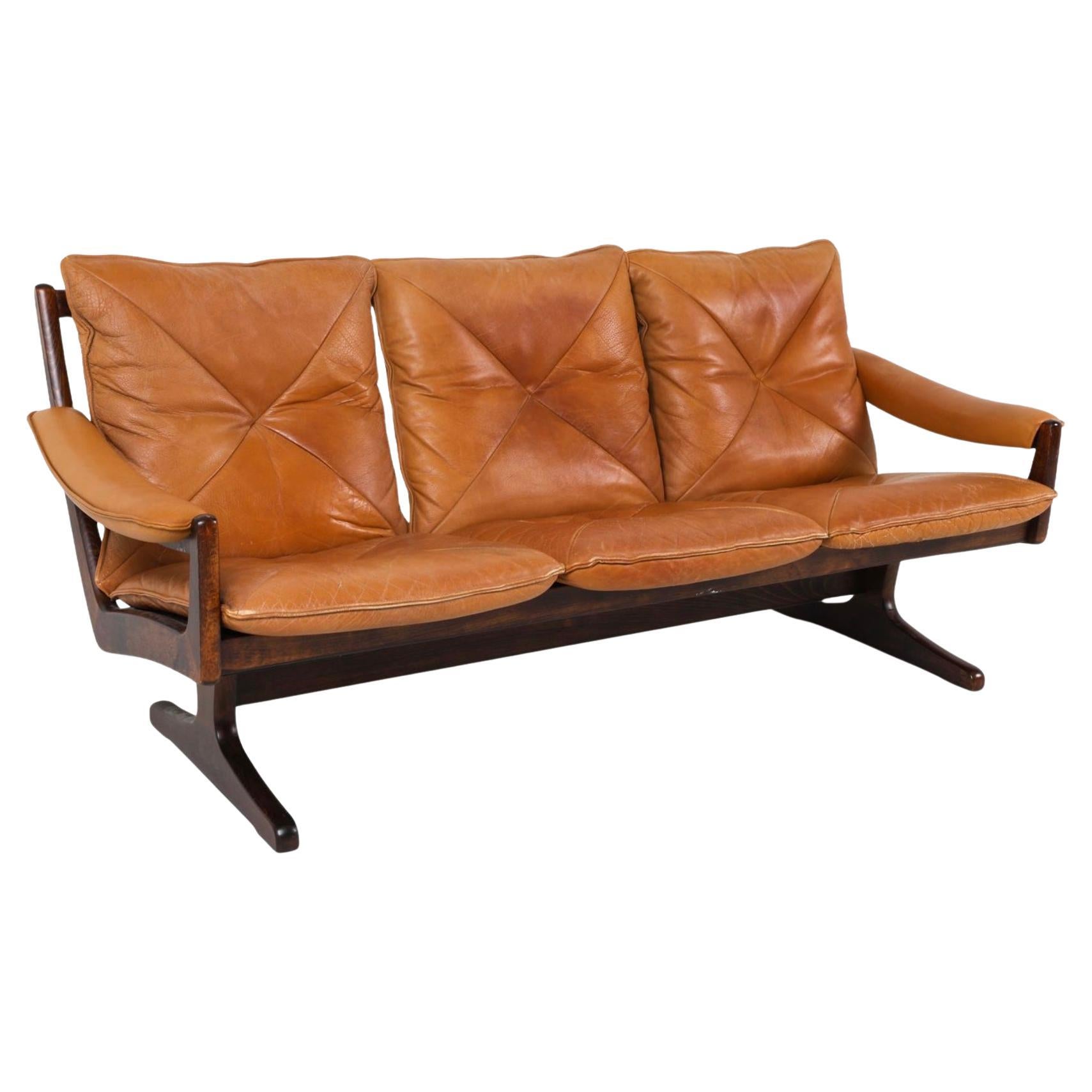 Norwegian Scandinavian Modern Cognac Brown Leather 3 seat sofa by Søda Galvano Norway For Sale