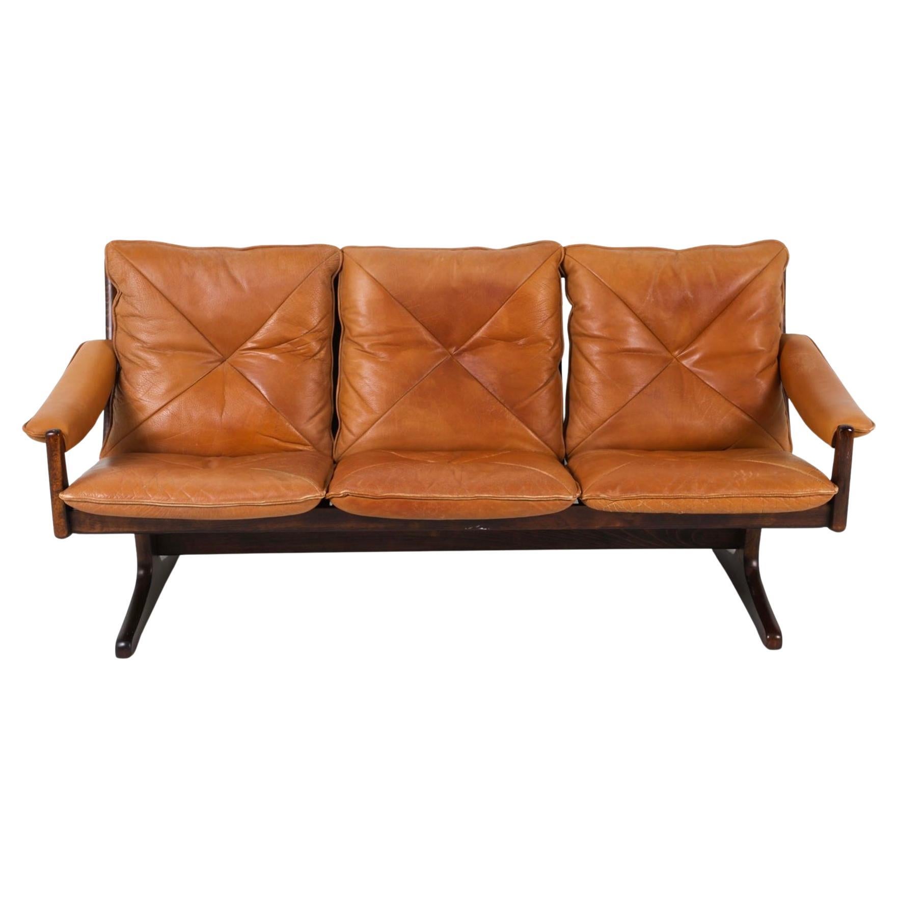 Scandinavian Modern Cognac Brown Leather 3 seat sofa by Søda Galvano Norway For Sale 1