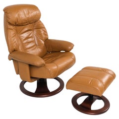 Scandinavian Modern cognac brown Leather Lounge Chair and Ottoman