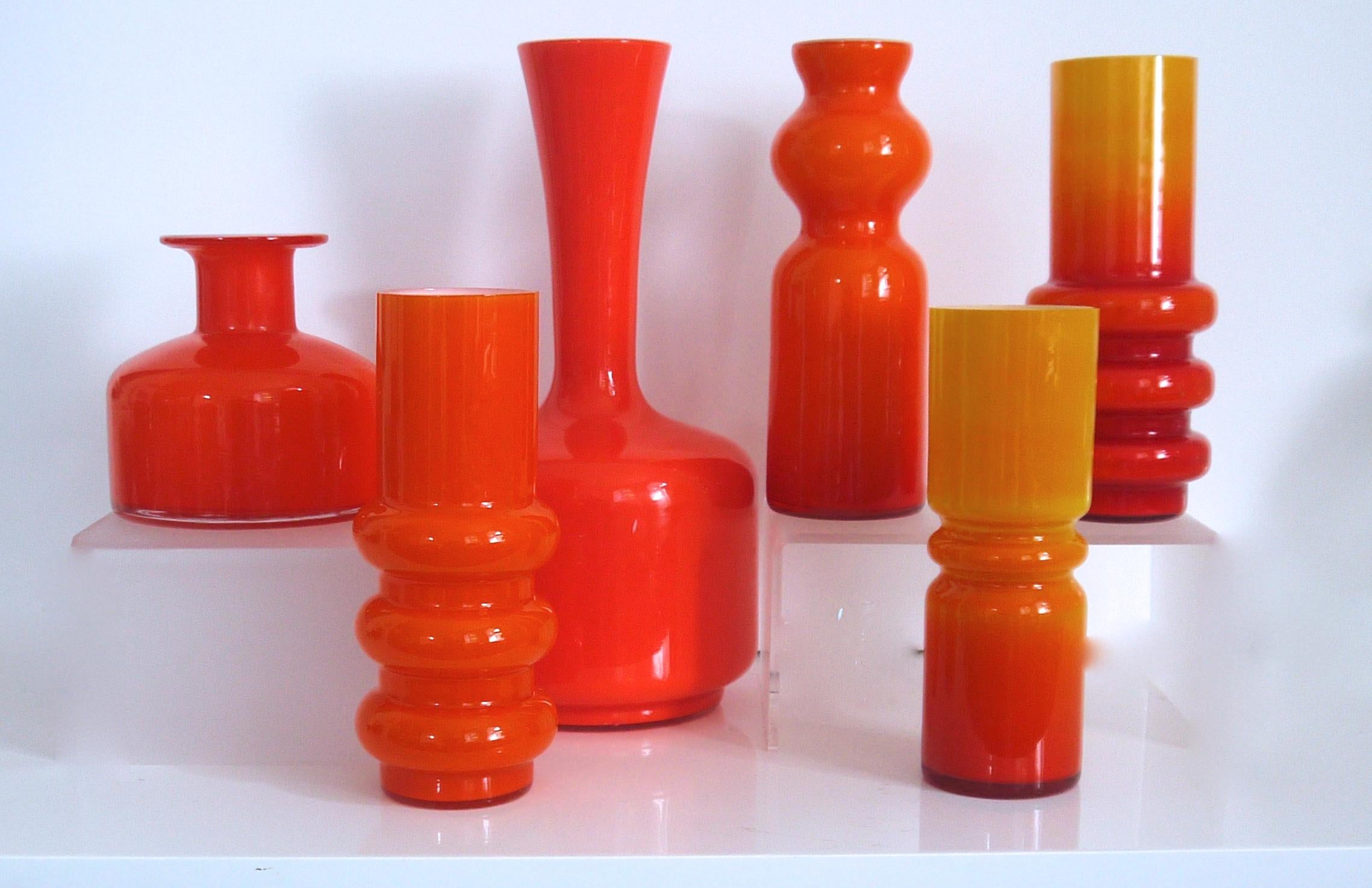 Art Glass Scandinavian Modern Collection of Orange Hooped Glass Vases by Ryd, Mid-1970s For Sale