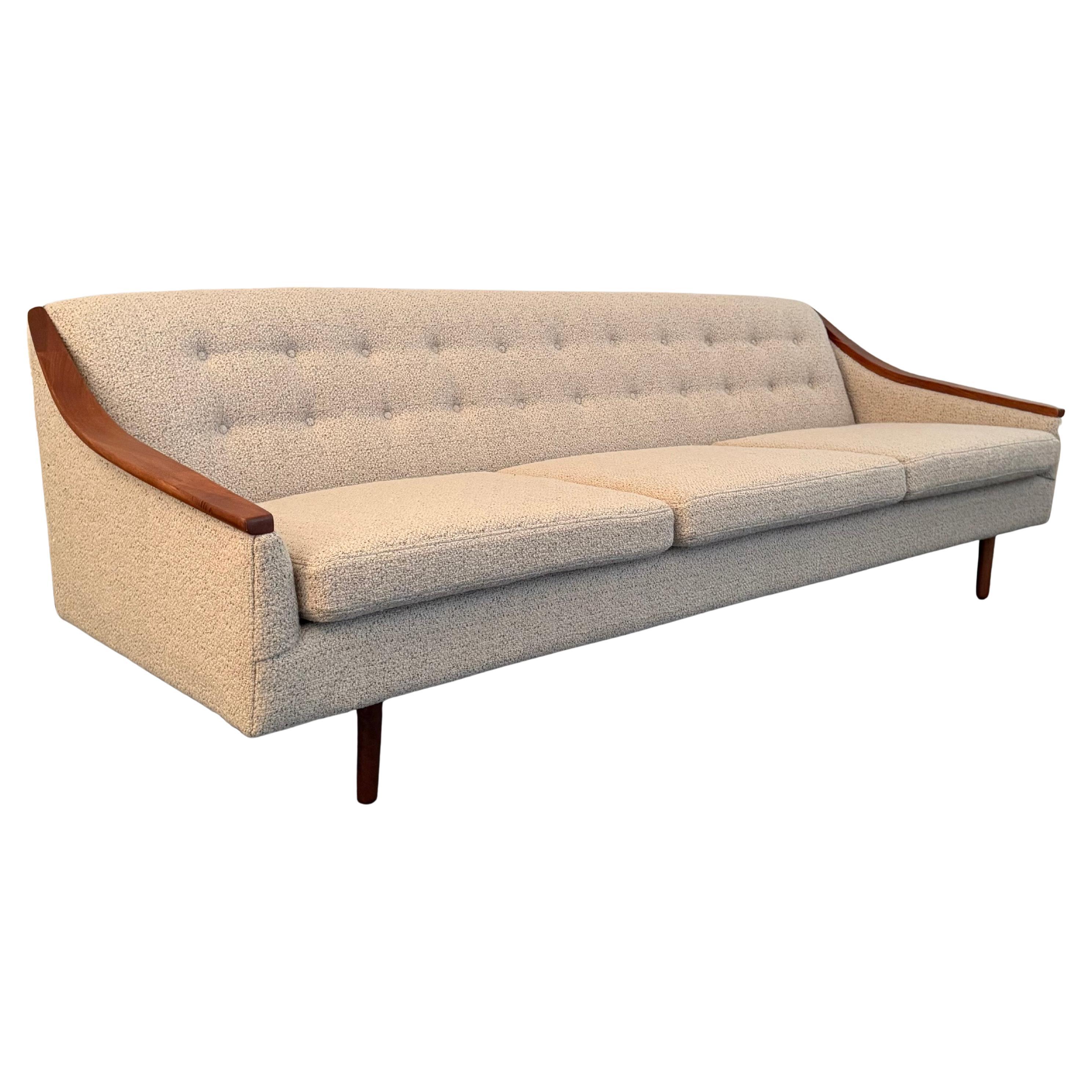 Scandinavian Modern Cream Upholstered Sofa With Teak Accents