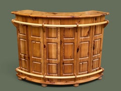 Scandinavian Modern Curved Dry Bar, Solid Pine, Carved Panels, 1970s
