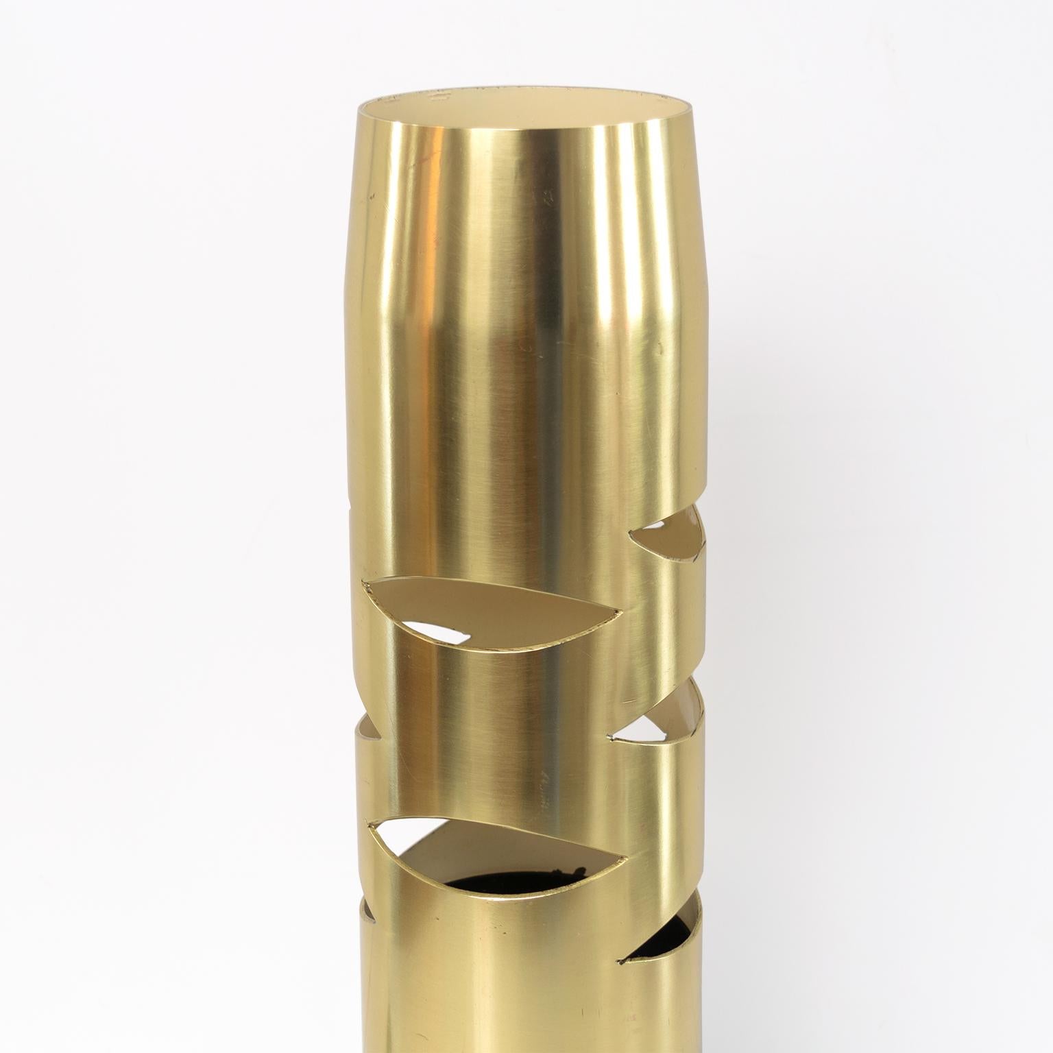 Painted Scandinavian Modern Cylindrical Brass Lamp with Cutouts on a Tripod Base For Sale
