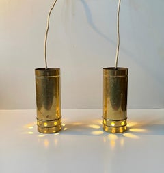Scandinavian Modern Cylindrical Brass Pendant Lamps, 1970s