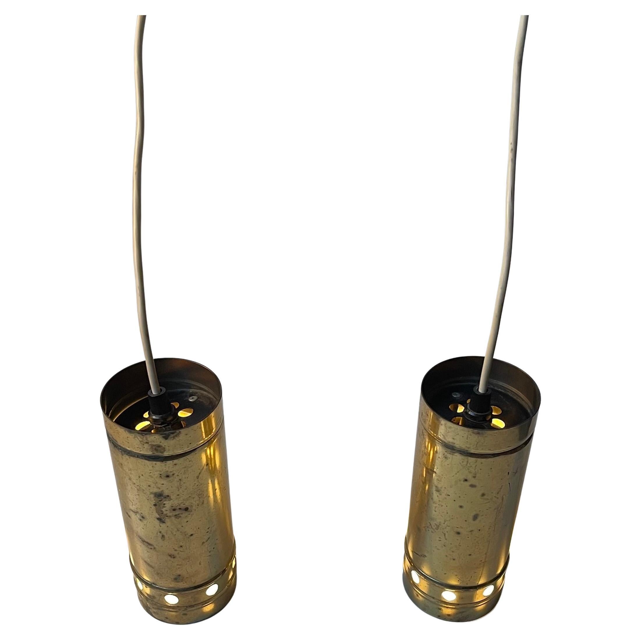 Scandinavian Modern Cylindrical Brass Pendant Lamps, 1970s
