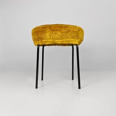 Scandinavian modern dark yellow long pile fabric and metal pouf or stool, 1970s