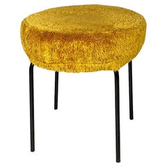 Scandinavian modern dark yellow long pile fabric and metal pouf or stool, 1970s