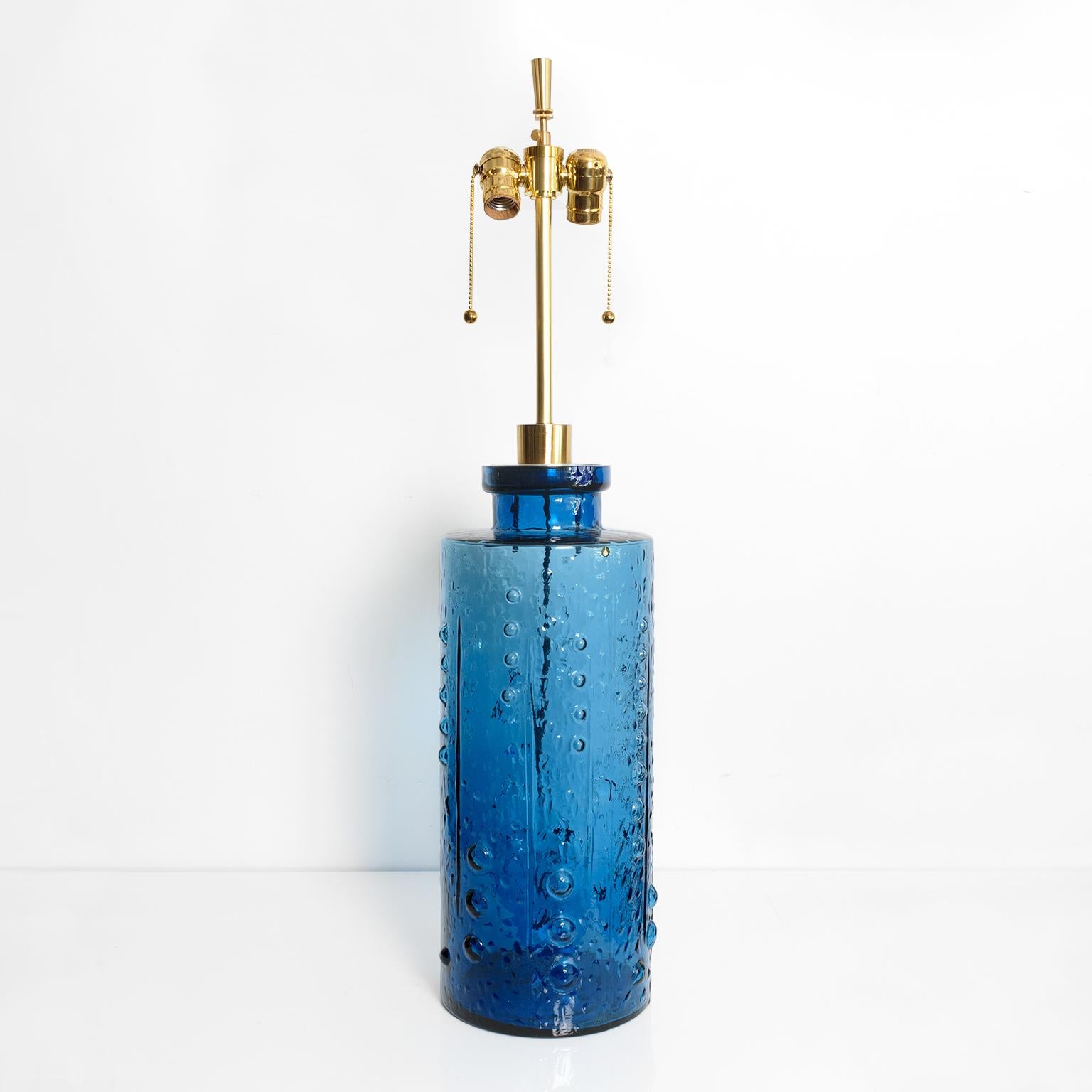 Polished Scandinavian Modern Deep Blue Glass Lamp by Pukeberg Glasbruk, Sweden, 1960's For Sale