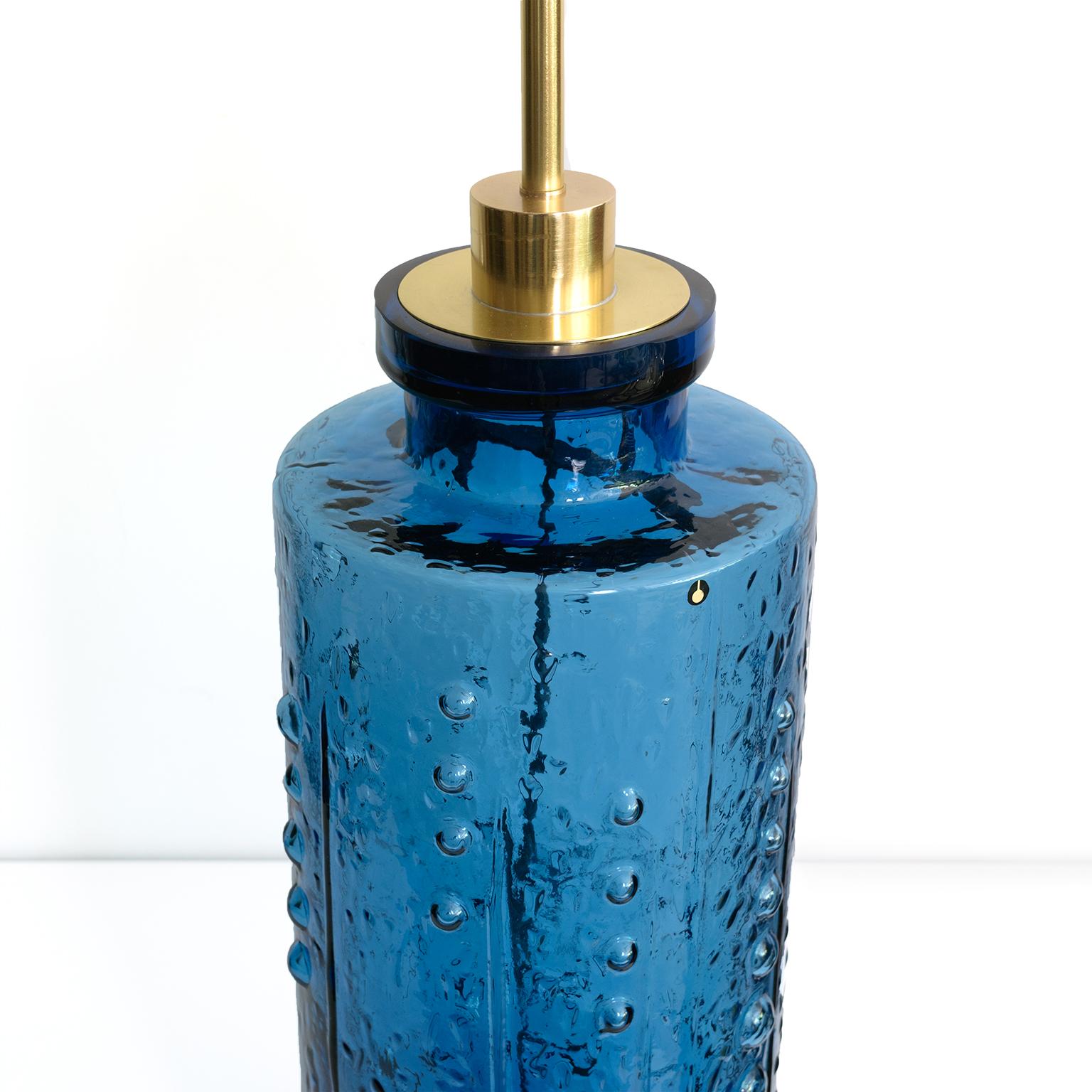 Brass Scandinavian Modern Deep Blue Glass Lamp by Pukeberg Glasbruk, Sweden, 1960's For Sale