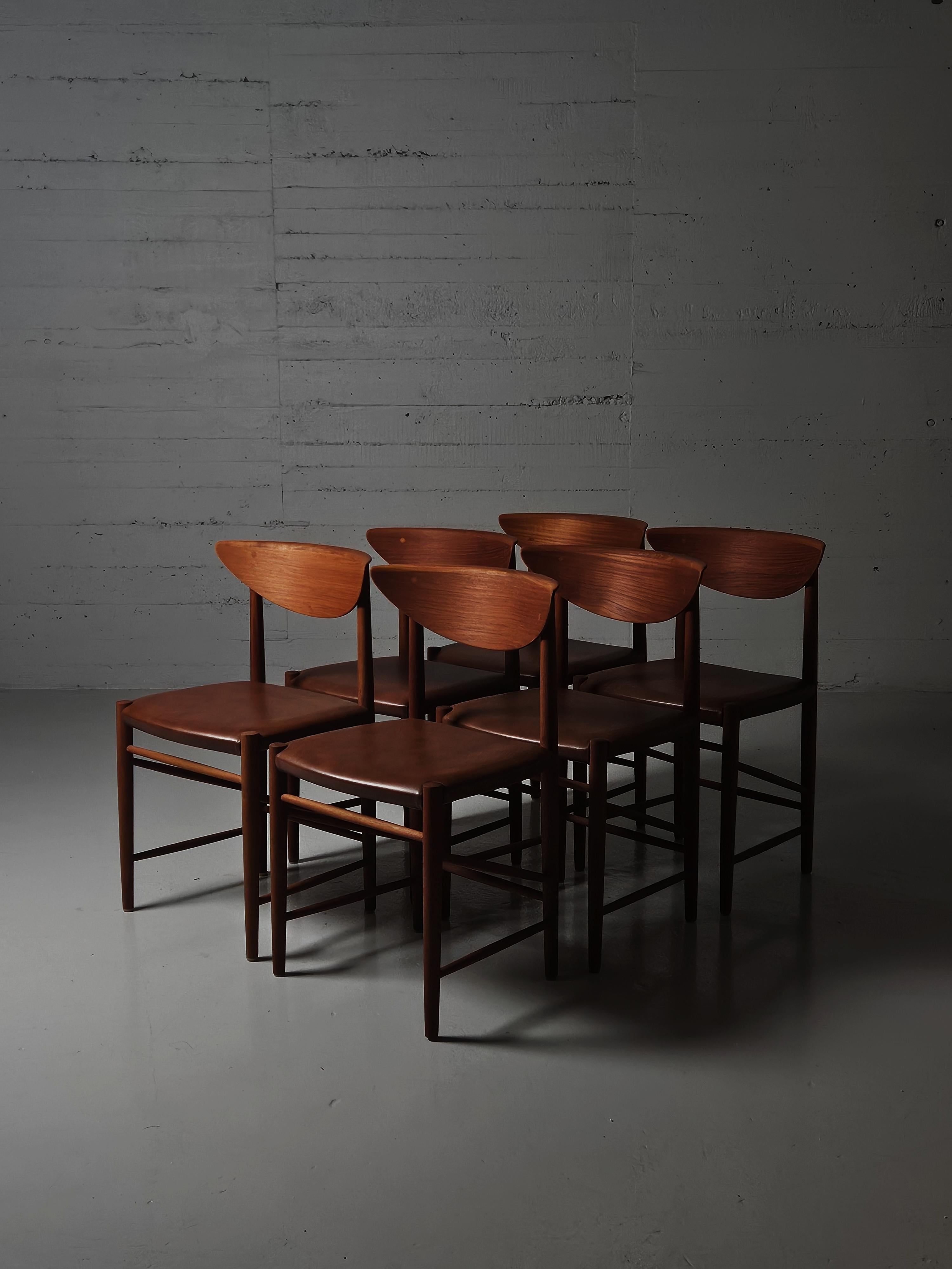 Bellissimo set di sei sedie da pranzo 'modello 316' disegnate da Peter Hvidt in Danimarca nel 1955. 

Realizzata in teak con sedili in pelle color cognac. 