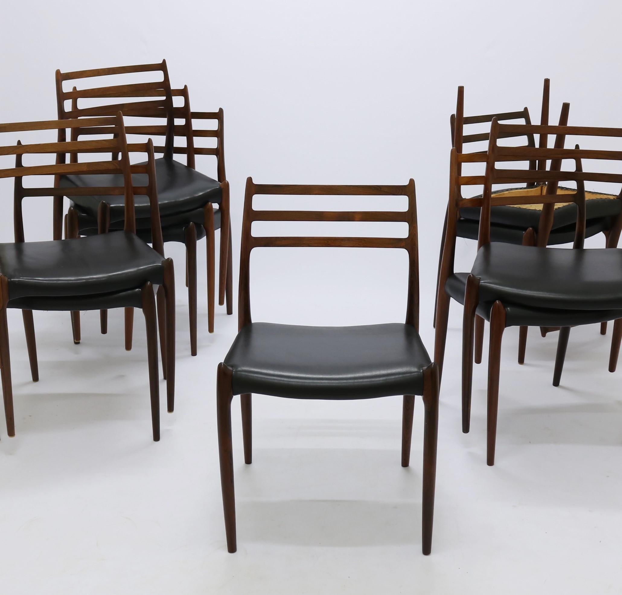 N.O. Moller, 10 Dining Chairs in Rosewood and Black Leather, Scandinavian Modern 6