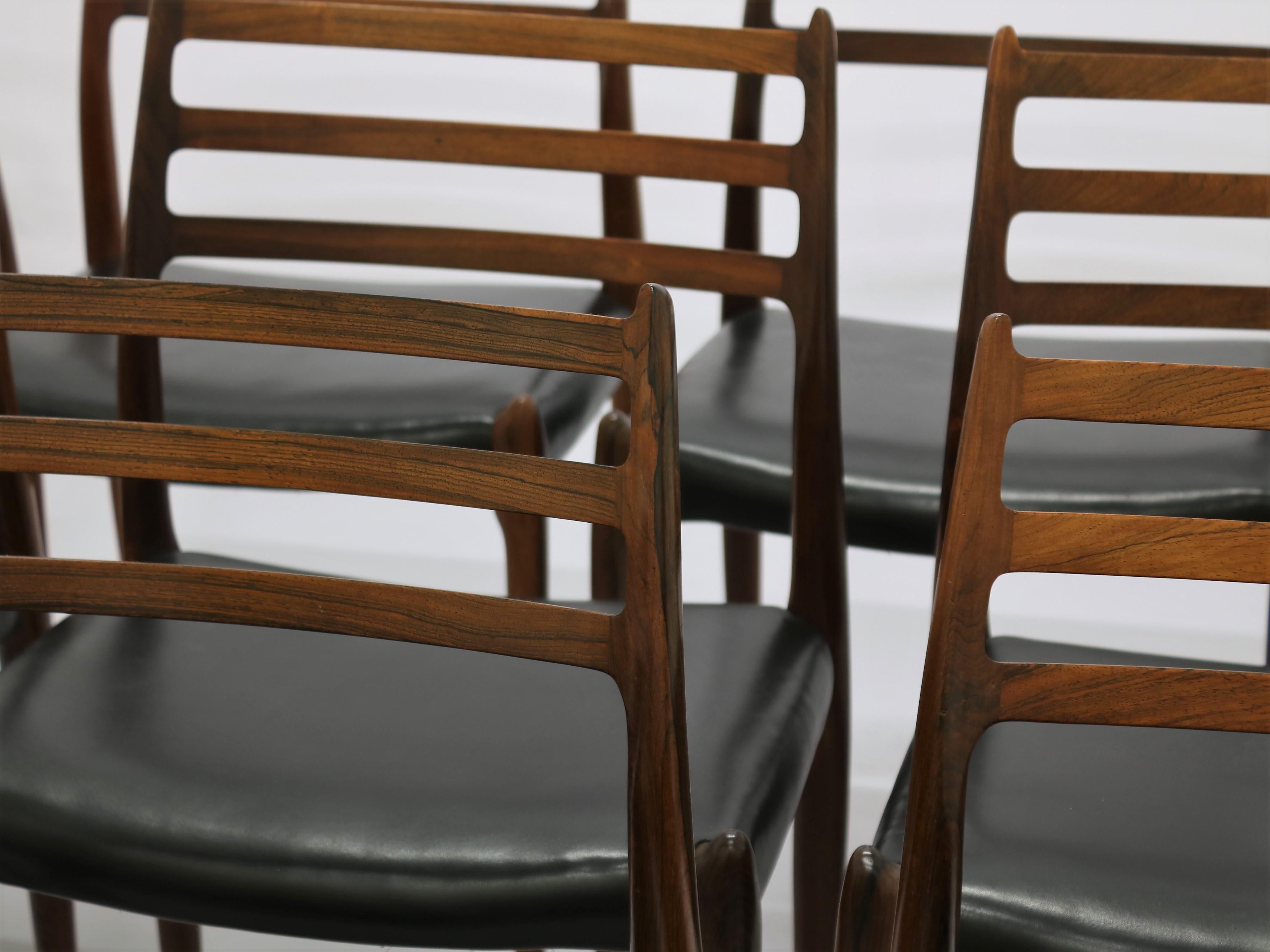 N.O. Moller, 10 Dining Chairs in Rosewood and Black Leather, Scandinavian Modern 2