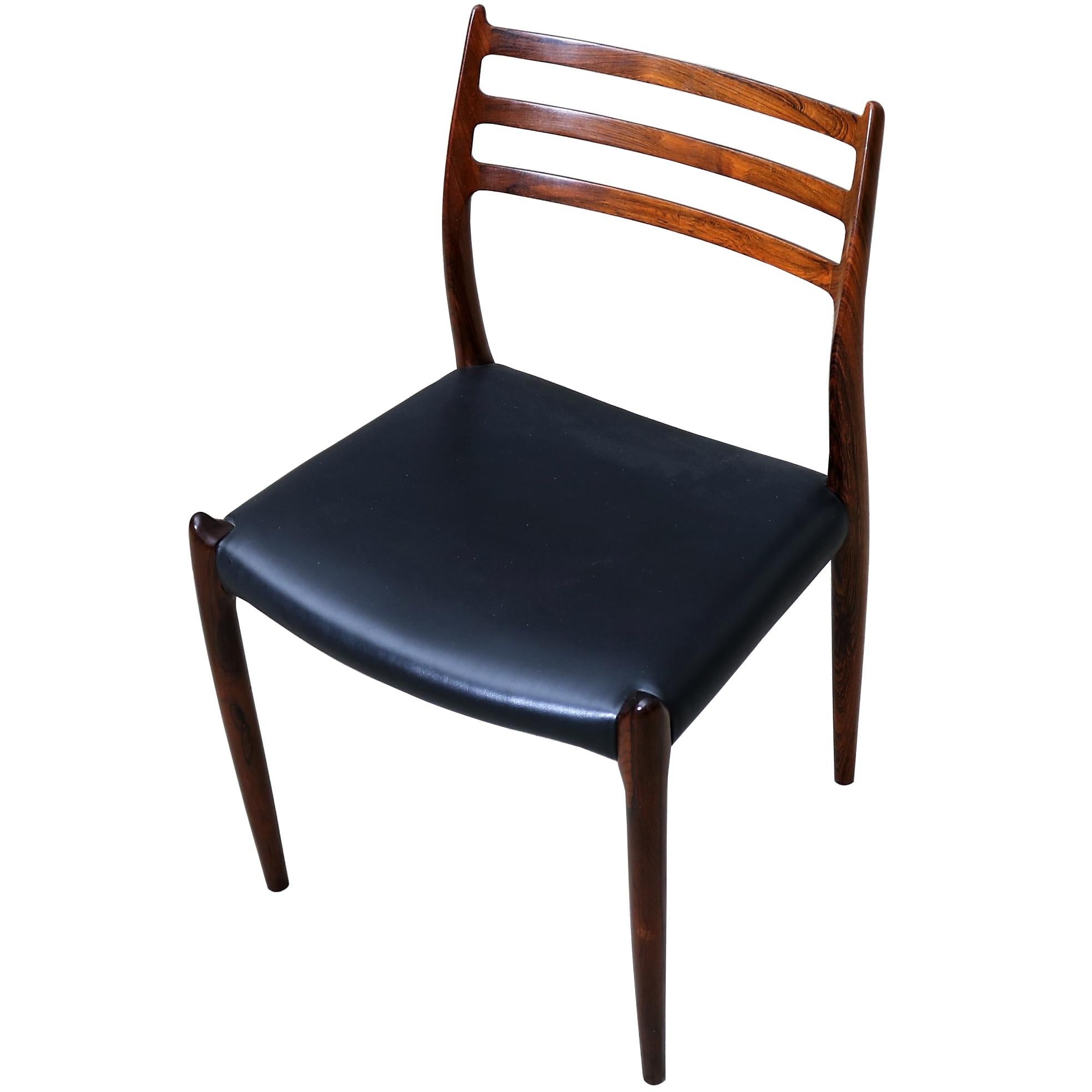 N.O. Moller, 10 Dining Chairs in Rosewood and Black Leather, Scandinavian Modern 10