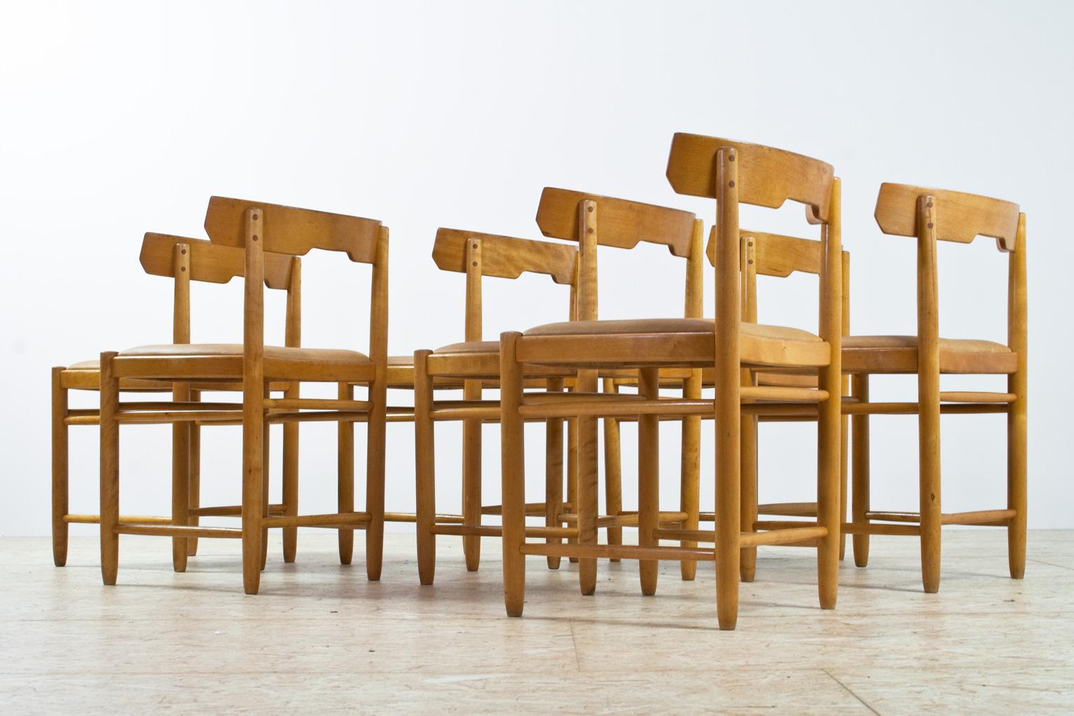 Danish Scandinavian Modern Dining Room Chairs in Beech and Tan Leather, 1960s Set of 7  For Sale