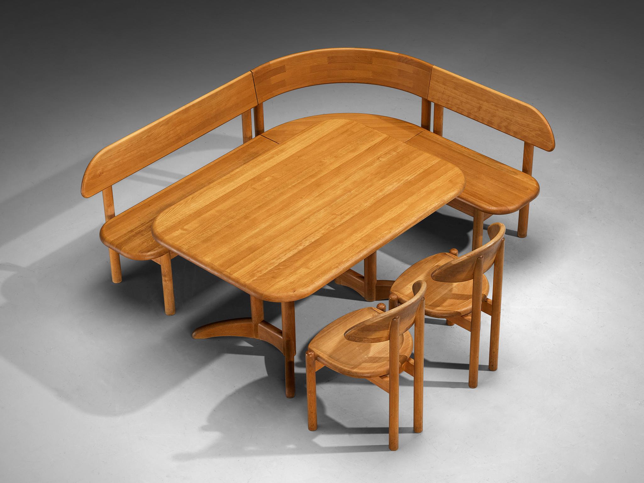 Dining room set consisting of a dining table, bench, and pair of chairs, solid beech, Scandinavia, 1980s

This expansive dining room set is a rare find, distinguished by its exceptional attention to detail, material use, and harmonious arrangement.